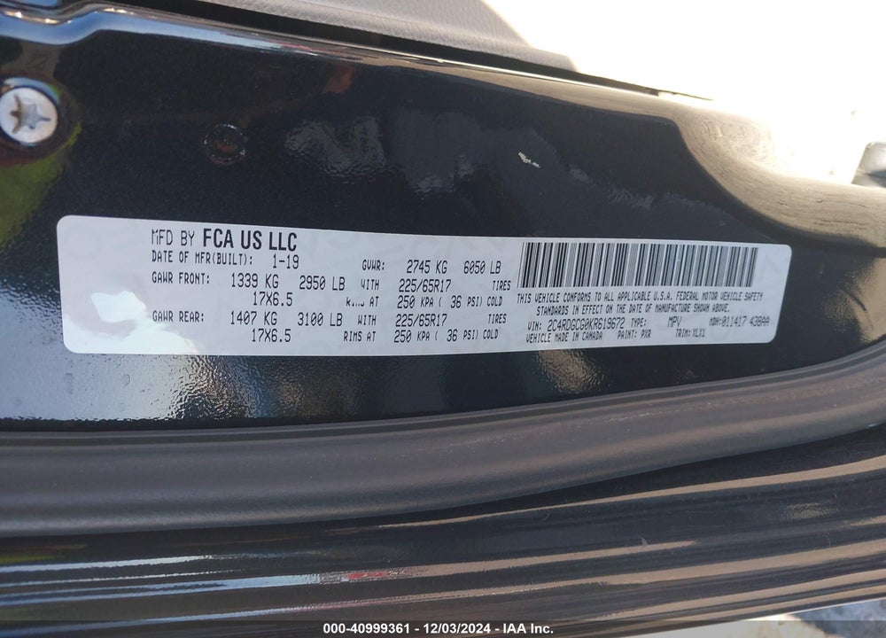 2019 DODGE GRAND CARAVAN SXT VIN: 2C4RDGCG0KR619672