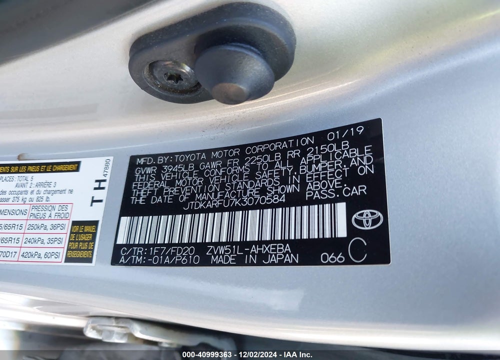 2019 TOYOTA PRIUS LE VIN: JTDKARFU7K3070584
