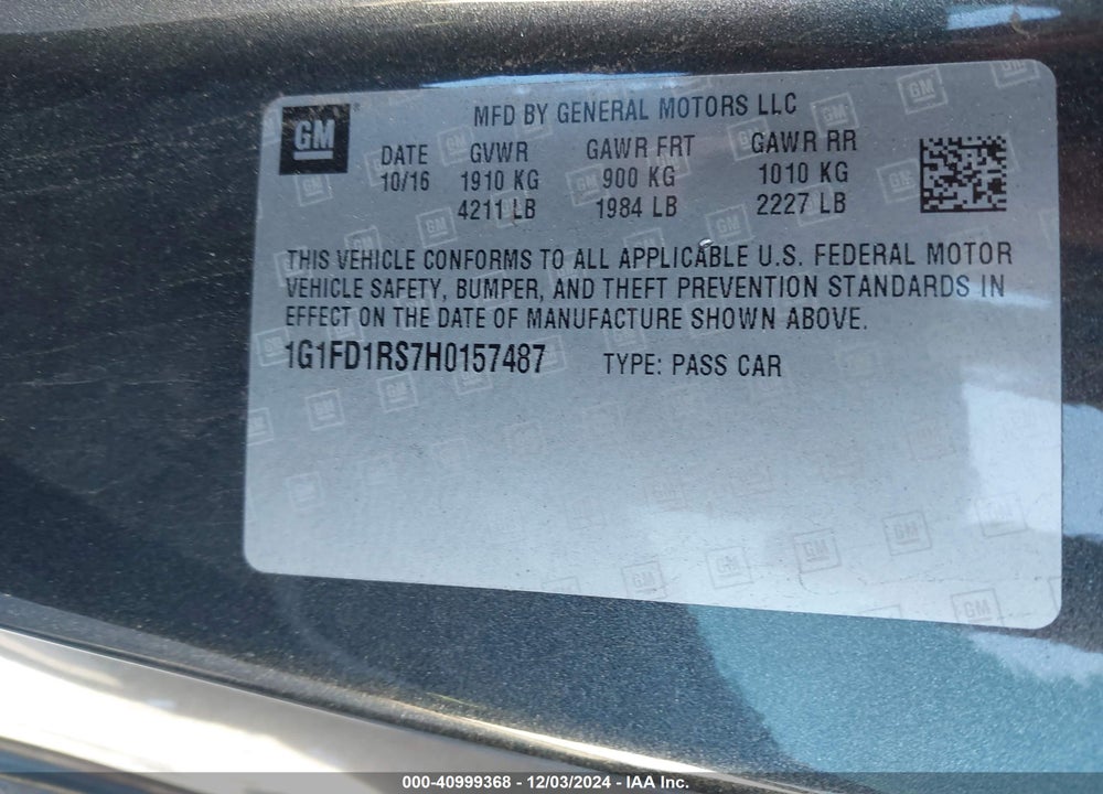 2017 CHEVROLET CAMARO 2LT VIN: 1G1FD1RS7H0157487