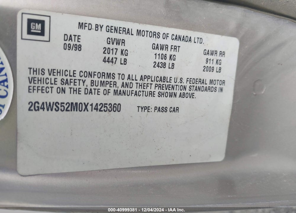 1999 BUICK CENTURY CUSTOM CMI VIN: 2G4WS52M0X1425360