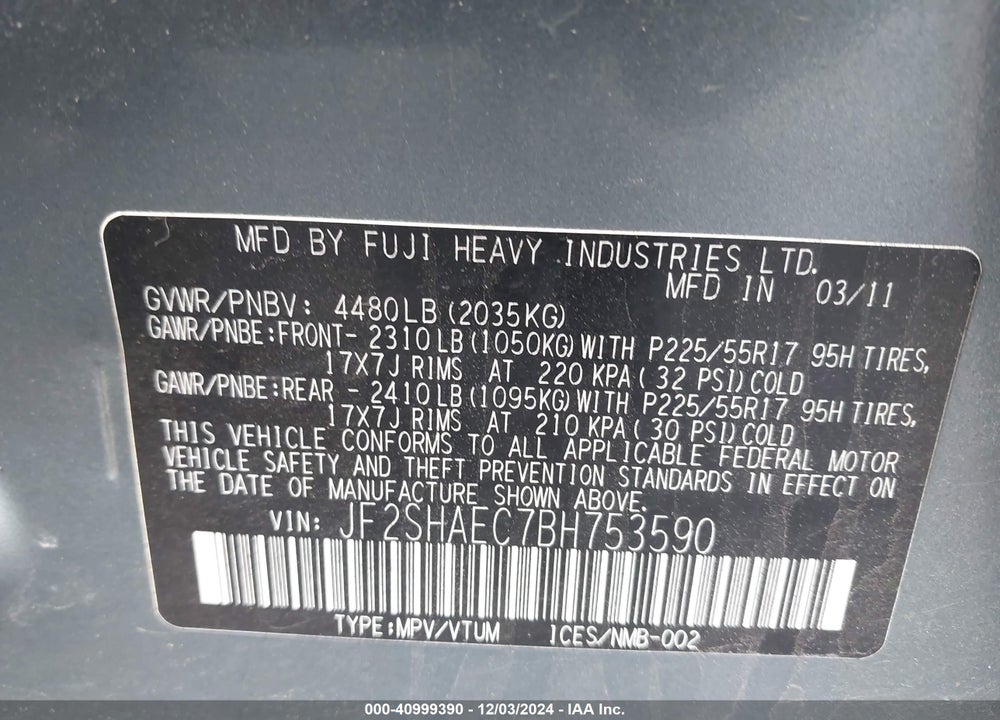 2011 SUBARU FORESTER 2.5X LIMITED VIN: JF2SHAEC7BH753590