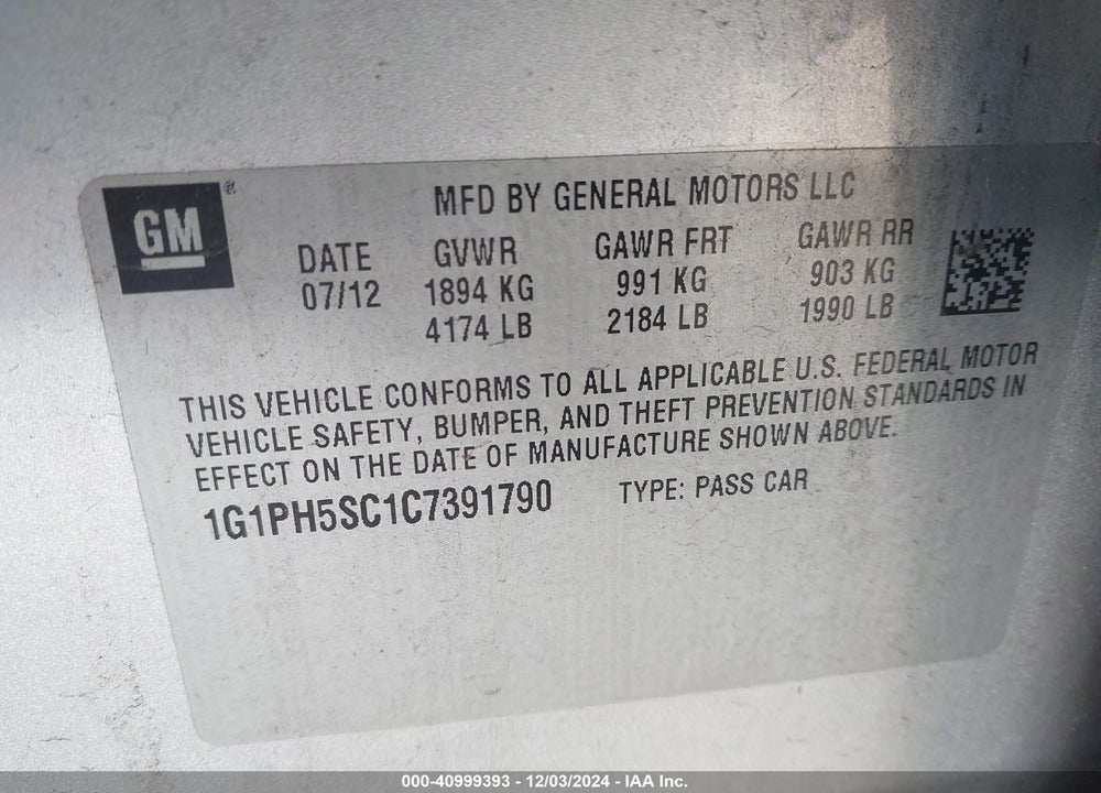 2012 CHEVROLET CRUZE LTZ VIN: 1G1PH5SC1C7391790