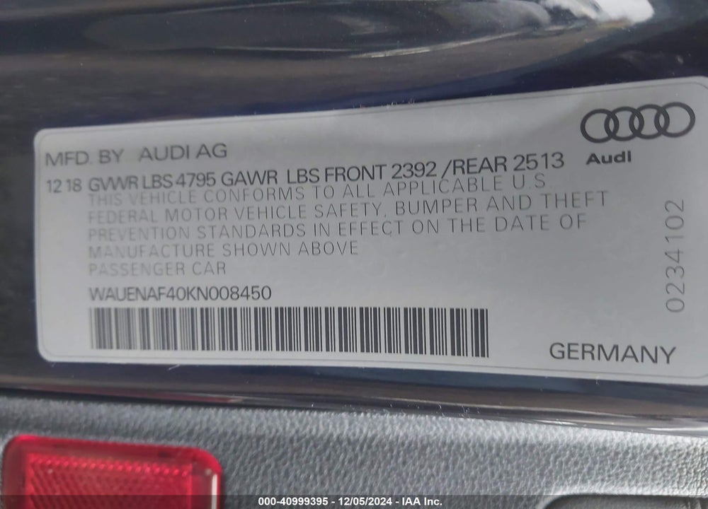 2019 AUDI A4 45 PREMIUM VIN: WAUENAF40KN008450