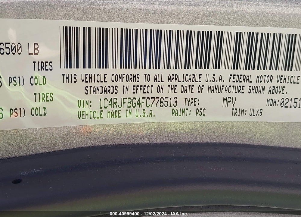 2015 JEEP GRAND CHEROKEE LIMITED VIN: 1C4RJFBG4FC776513