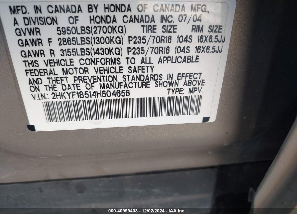 2004 HONDA PILOT EX-L VIN: 2HKYF18514H604656