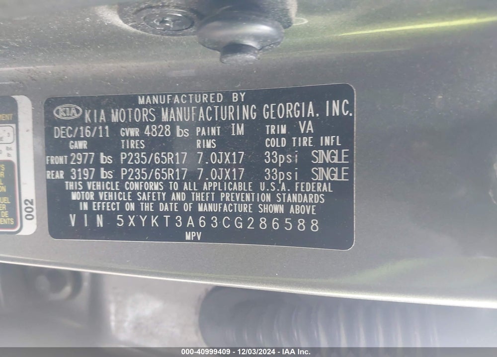 2012 KIA SORENTO LX VIN: 5XYKT3A63CG286588