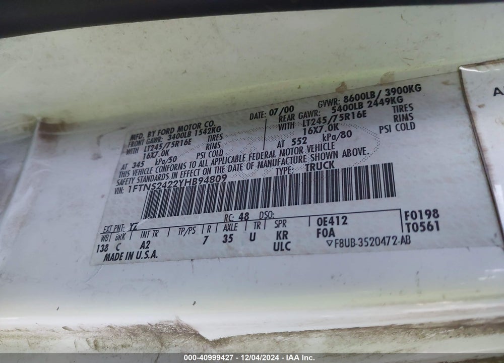 2000 FORD ECONOLINE CARGO VAN COMMERCIAL/RECREATIONAL VIN: 1FTNS2422YHB94809