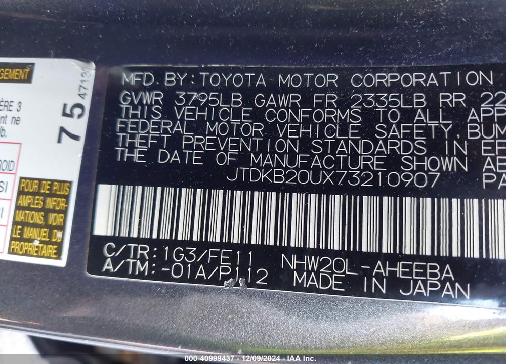 2007 TOYOTA PRIUS VIN: JTDKB20UX73210907