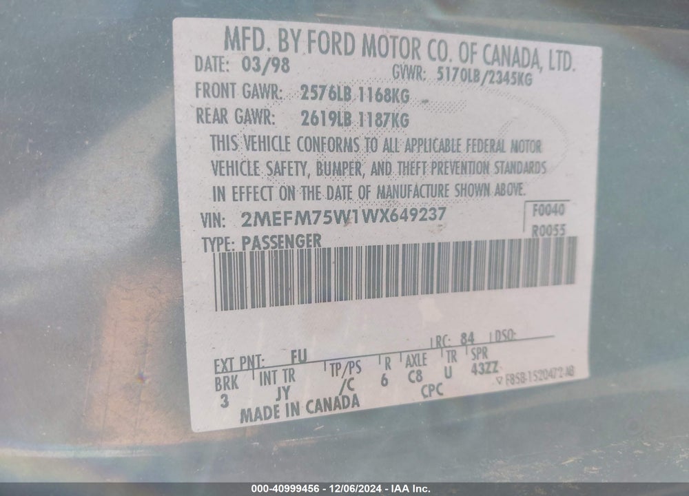 1998 MERCURY GRAND MARQUIS VIN: 2MEFM75W1WX649237
