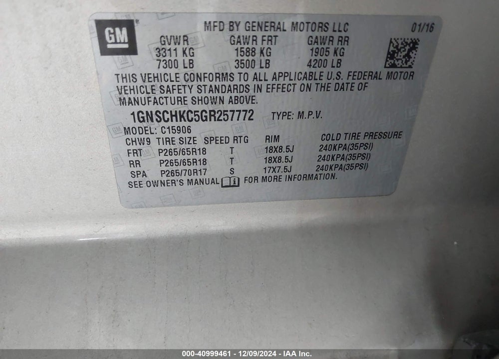 2016 CHEVROLET SUBURBAN LT VIN: 1GNSCHKC5GR257772