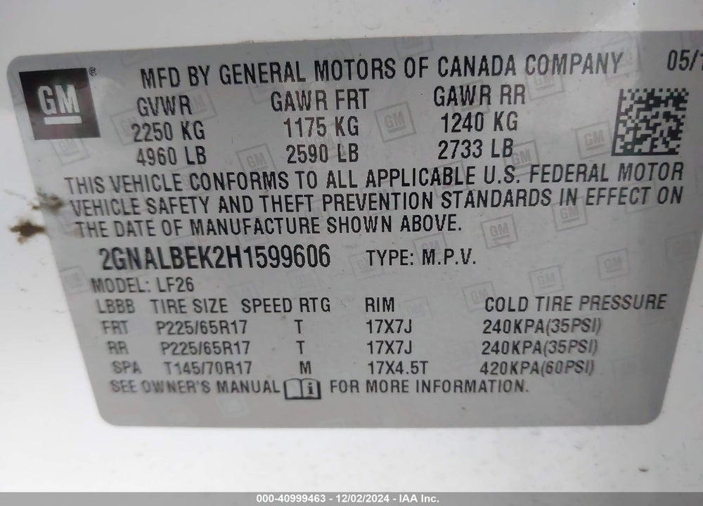 2017 CHEVROLET EQUINOX LS VIN: 2GNALBEK2H1599606