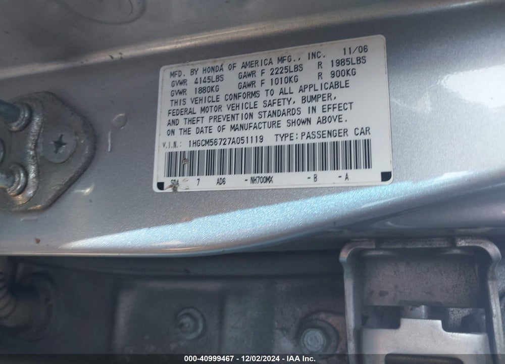 2007 HONDA ACCORD VIN: 1HGCM56727A051119
