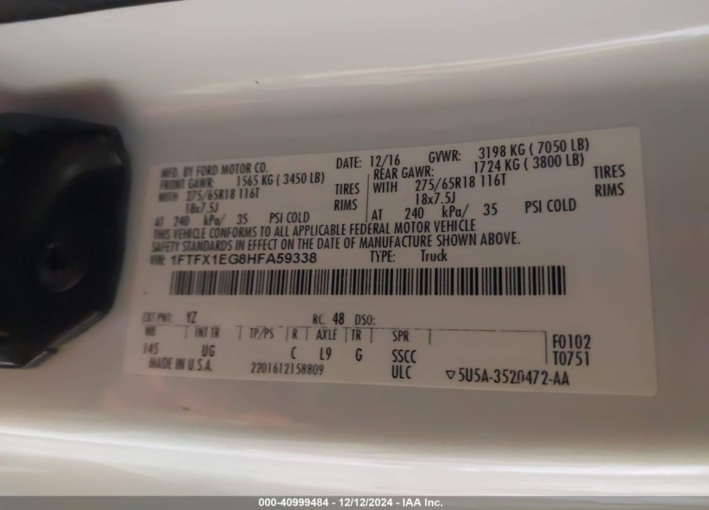2017 FORD F-150 XLT VIN: 1FTFX1EG8HFA59338