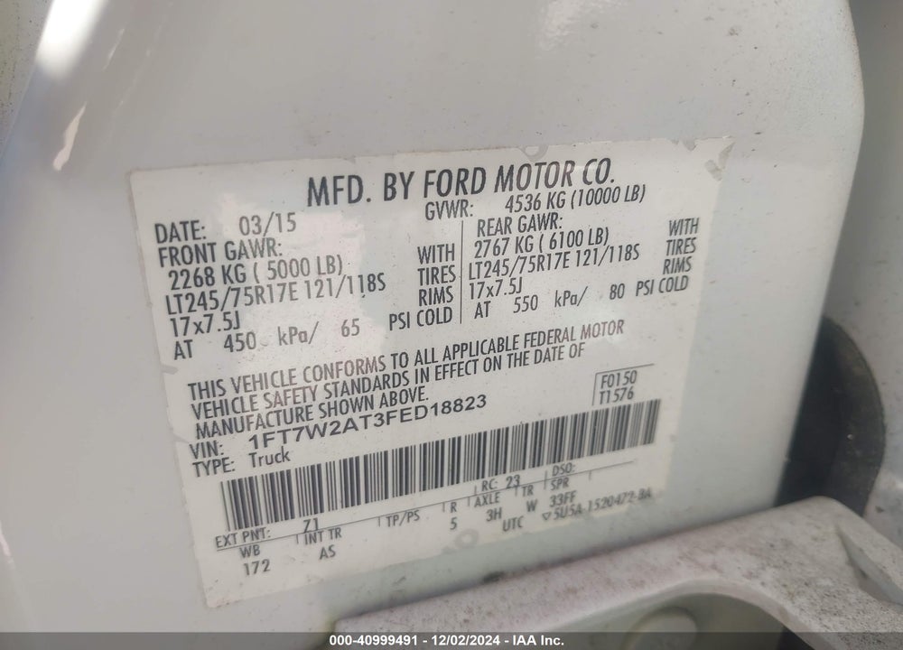 2015 FORD F-250 XL VIN: 1FT7W2AT3FED18823