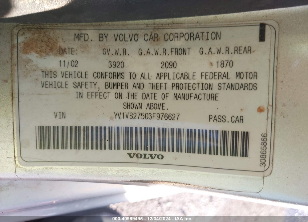 2003 VOLVO S40 A VIN: YV1VS27503F976627