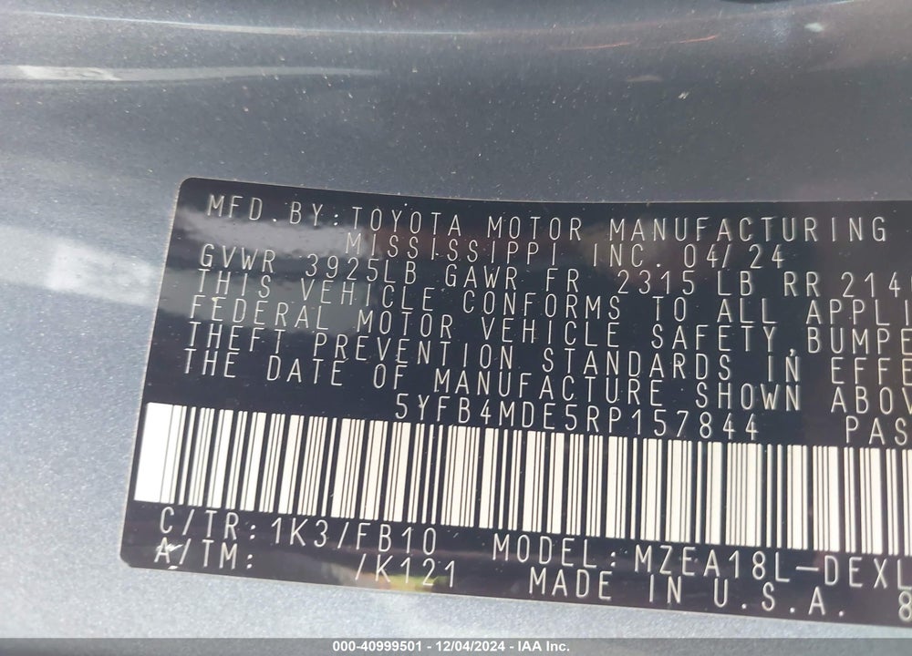 2024 TOYOTA COROLLA LE VIN: 5YFB4MDE5RP157844