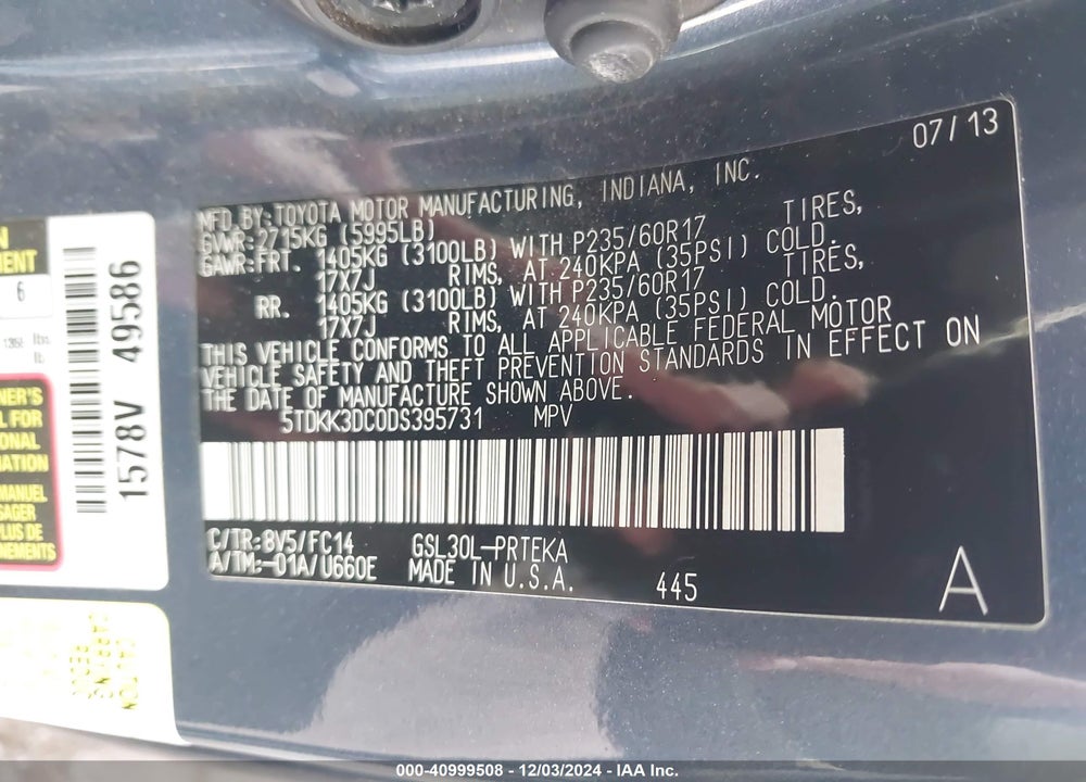 2013 TOYOTA SIENNA LE V6 8 PASSENGER VIN: 5TDKK3DC0DS395731