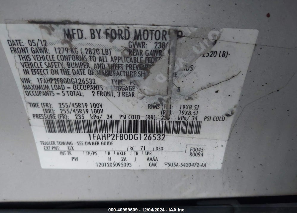 2013 FORD TAURUS VIN: 1FAHP2F80DG126532
