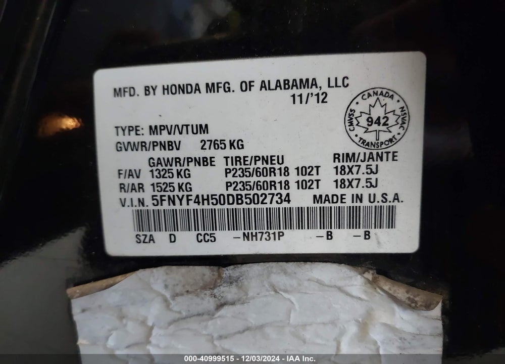 2013 HONDA PILOT EX-L VIN: 5FNYF4H50DB502734