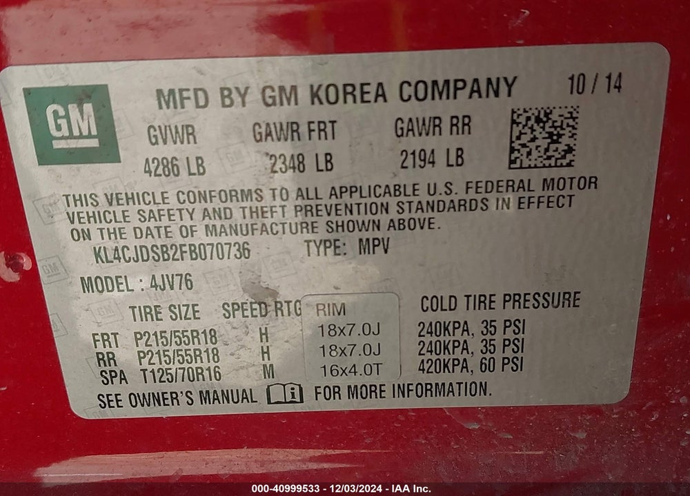2015 BUICK ENCORE PREMIUM VIN: KL4CJDSB2FB070736