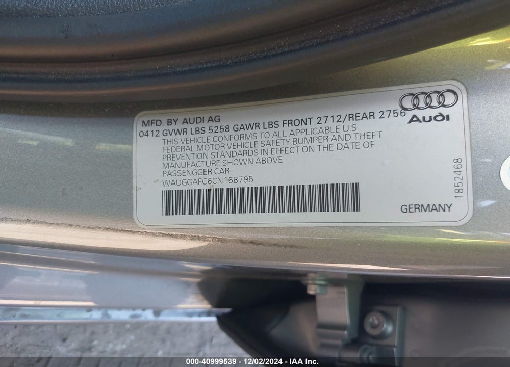 2012 AUDI A6 3.0 PREMIUM VIN: WAUGGAFC6CN168795