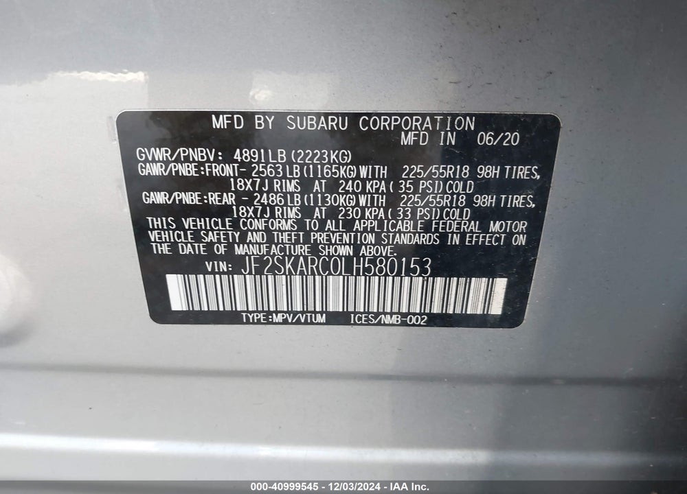 2020 SUBARU FORESTER SPORT VIN: JF2SKARC0LH580153