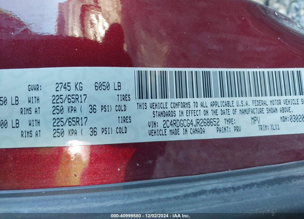 2018 DODGE GRAND CARAVAN SXT VIN: 2C4RDGCG4JR268652