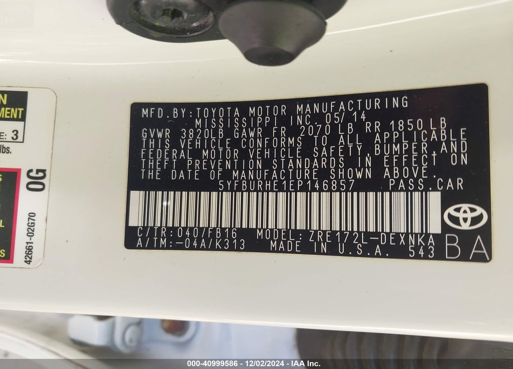 2014 TOYOTA COROLLA LE VIN: 5YFBURHE1EP146857