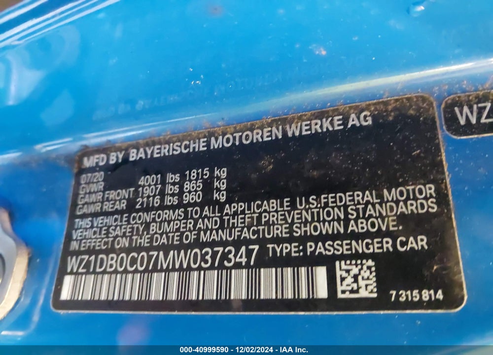 2021 TOYOTA GR SUPRA VIN: WZ1DB0C07MW037347
