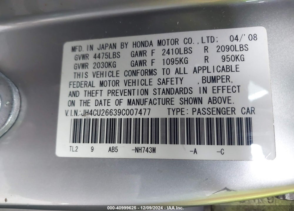 2009 ACURA TSX VIN: JH4CU26639C007477