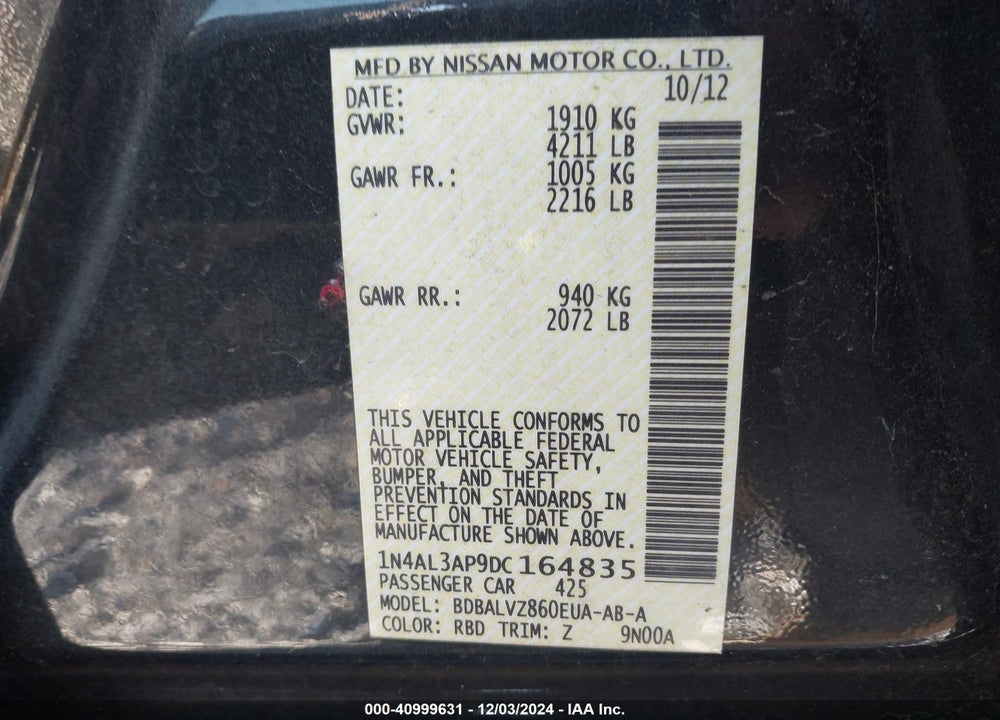 2013 NISSAN ALTIMA VIN: 1N4AL3AP9DC164835