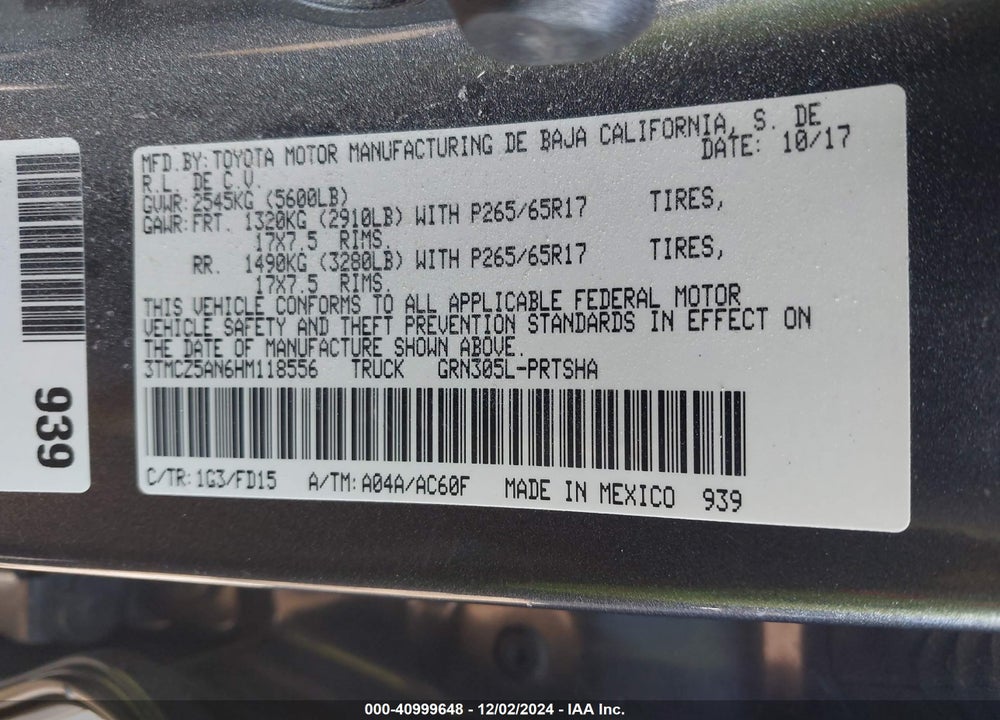 2017 TOYOTA TACOMA TRD SPORT VIN: 3TMCZ5AN6HM118556