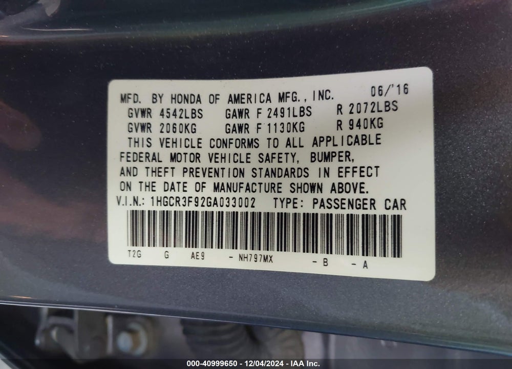 2016 HONDA ACCORD TOURING VIN: 1HGCR3F92GA033002