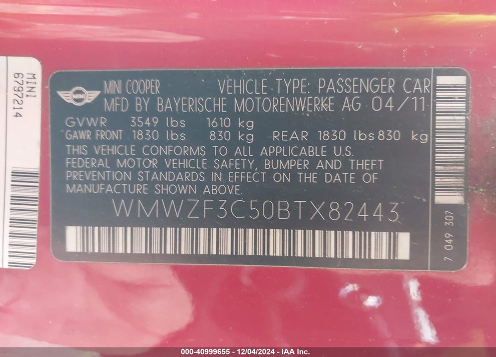 2011 MINI COOPER CLUBMAN VIN: WMWZF3C50BTX82443