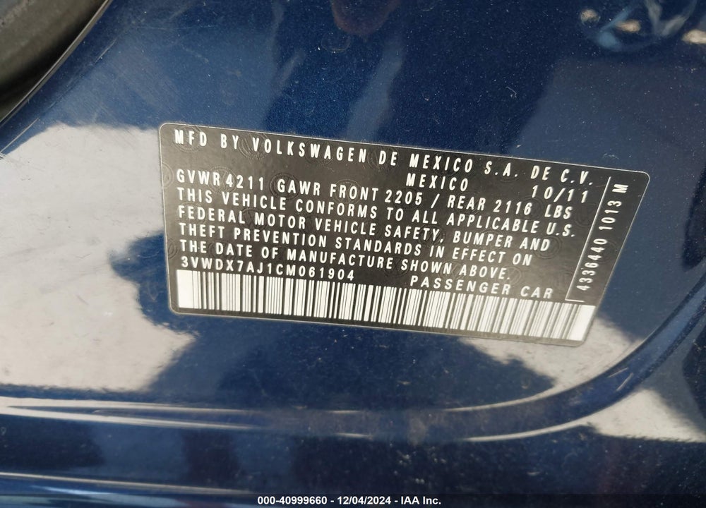 2012 VOLKSWAGEN JETTA 2.5L SE VIN: 3VWDX7AJ1CM061904