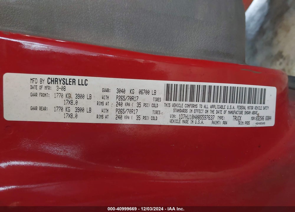 2008 DODGE RAM 1500 ST/SXT VIN: 1D7HU18N08S597637