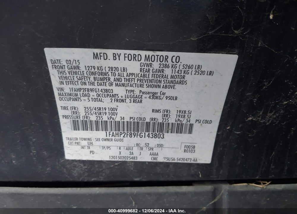 2015 FORD TAURUS LIMITED VIN: 1FAHP2F89FG143803