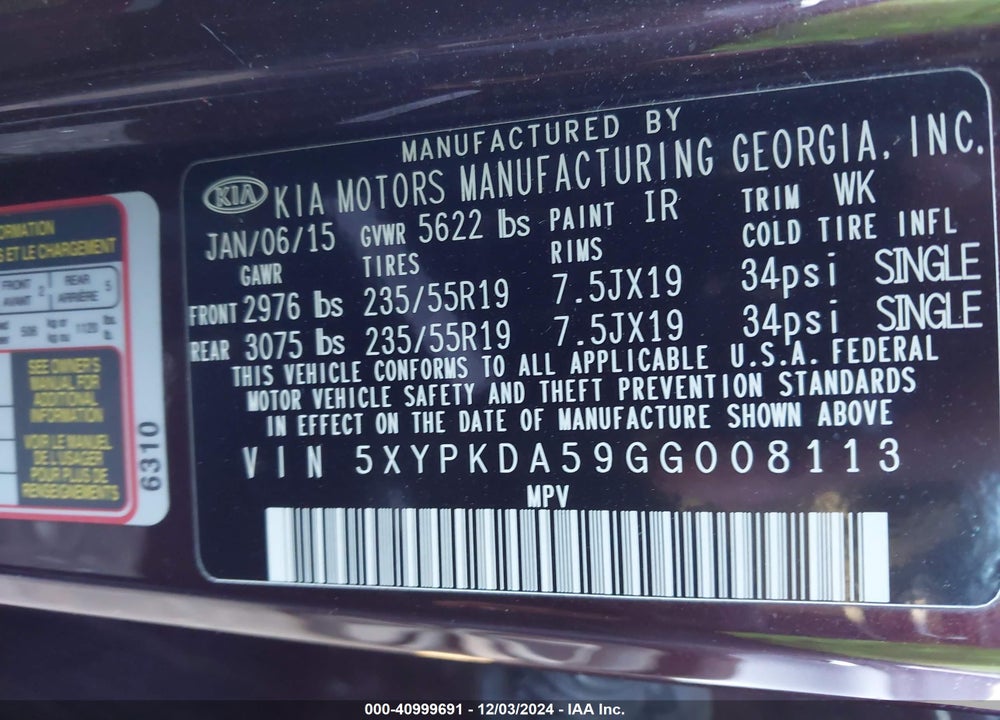 2016 KIA SORENTO 3.3L SX VIN: 5XYPKDA59GG008113