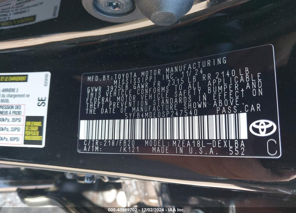 2025 TOYOTA COROLLA LE VIN: 5YFB4MDE0SP247540