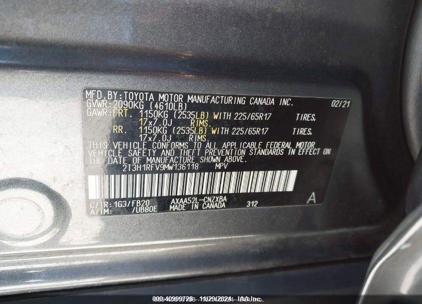 2021 TOYOTA RAV4 LE VIN: 2T3H1RFV9MW136118