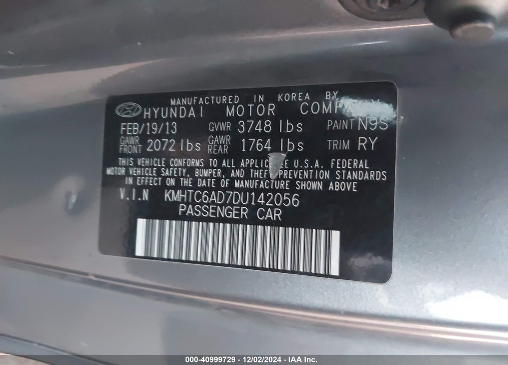 2013 HYUNDAI VELOSTER BASE W/BLACK VIN: KMHTC6AD7DU142056