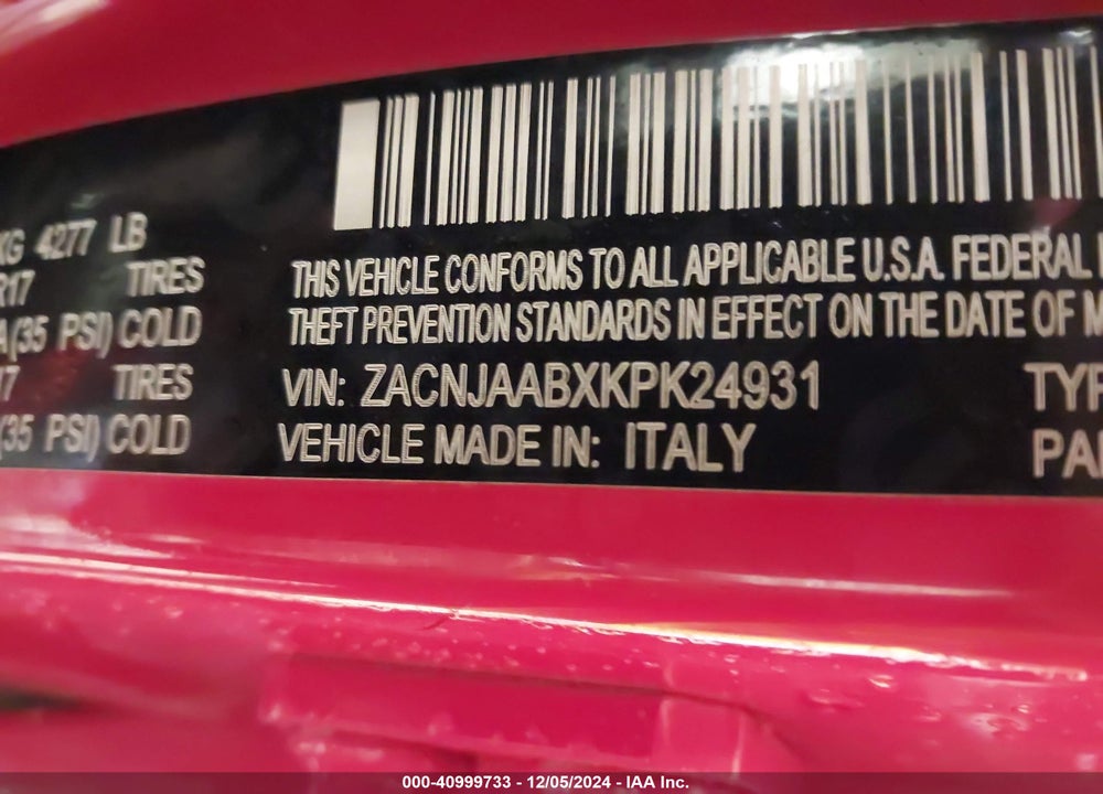 2019 JEEP RENEGADE SPORT FWD VIN: ZACNJAABXKPK24931