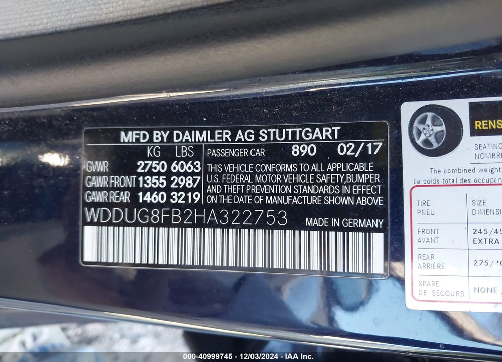 2017 MERCEDES-BENZ S 550 4MATIC VIN: WDDUG8FB2HA322753