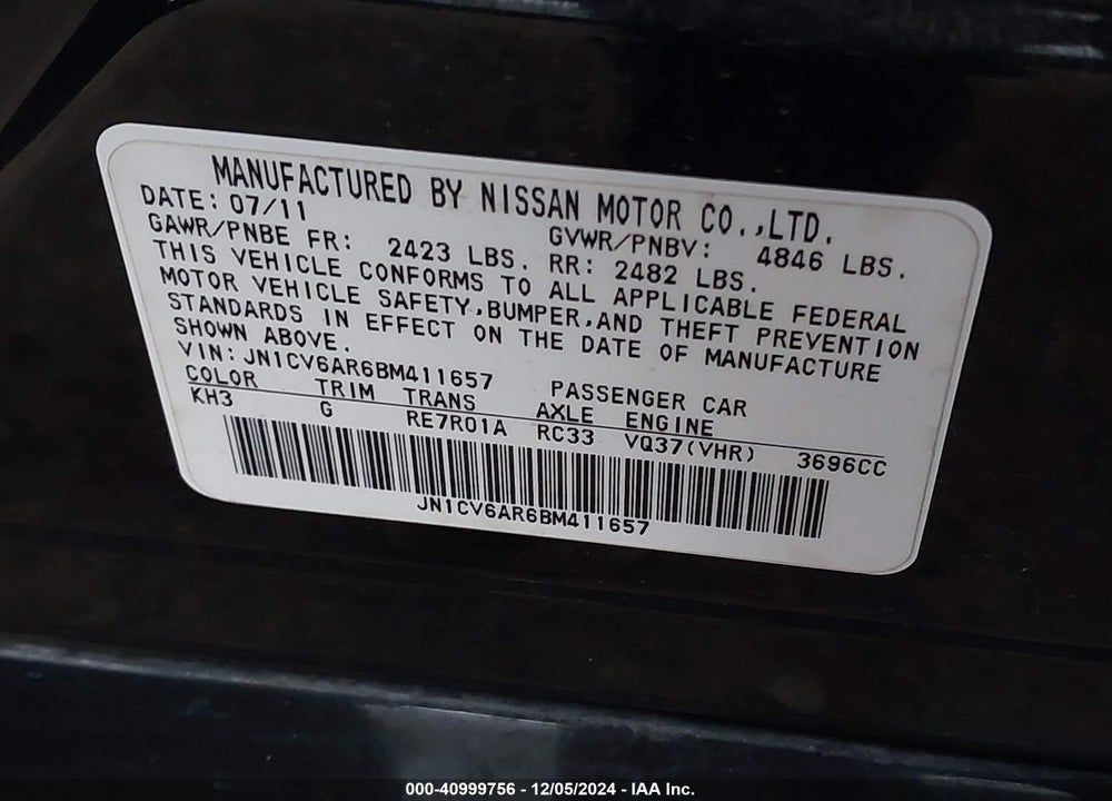 2011 INFINITI G37X VIN: JN1CV6AR6BM411657