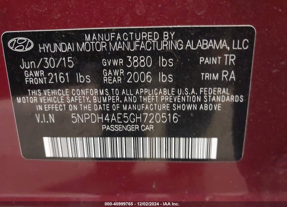 2016 HYUNDAI ELANTRA SE VIN: 5NPDH4AE5GH720516