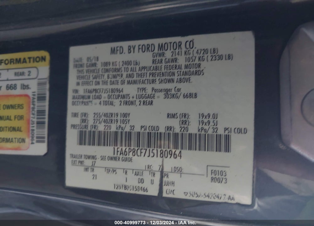 2018 FORD MUSTANG VIN: 1FA6P8CF7J5180964