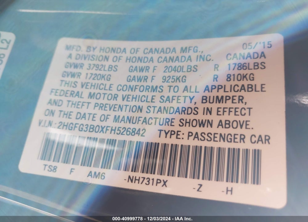 2015 HONDA CIVIC VIN: 2HGFG3B0XFH526842