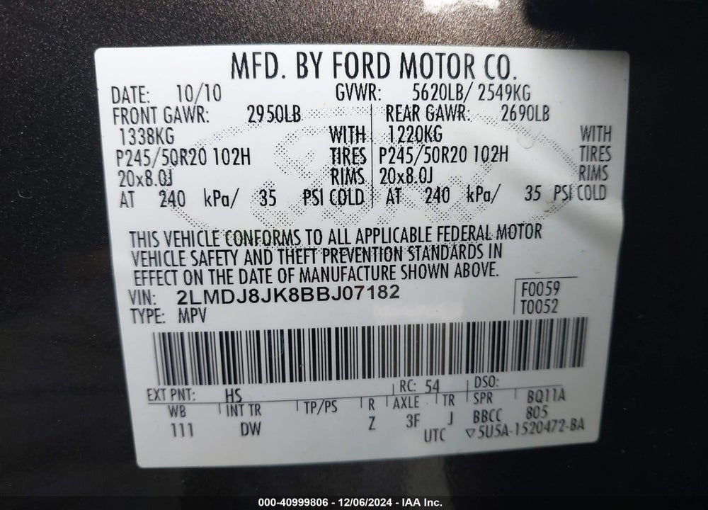 2011 LINCOLN MKX VIN: 2LMDJ8JK8BBJ07182