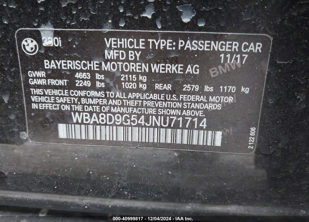 2018 BMW 330I XDRIVE VIN: WBA8D9G54JNU71714