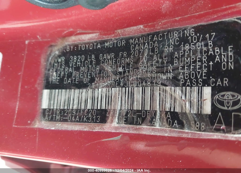 2018 TOYOTA COROLLA SE VIN: 2T1BURHE4JC004819